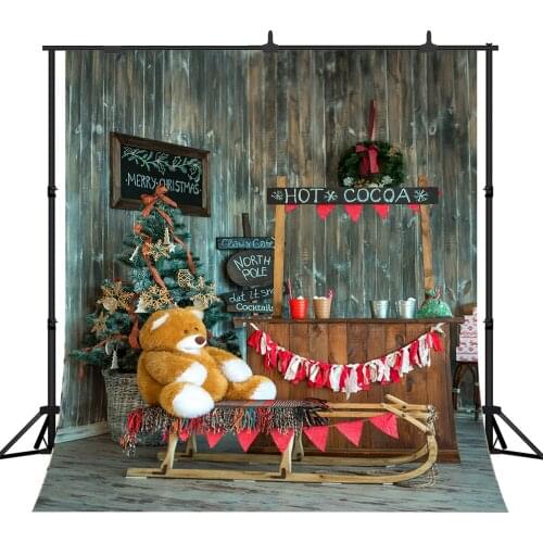 Lyavshi Photography Backdrop Christmas Tree Hot Cocoa Cart Gifts Sled Garland Wood wall Interior Photo Background Party Studio