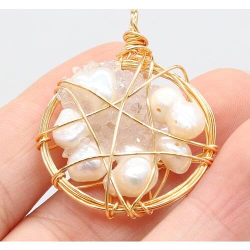 Hot Selling Irregular Round Gold Thread Pearl Pendant DIY Elegant Necklace Sweater Chain Exquisite Gift Making 30x45mm