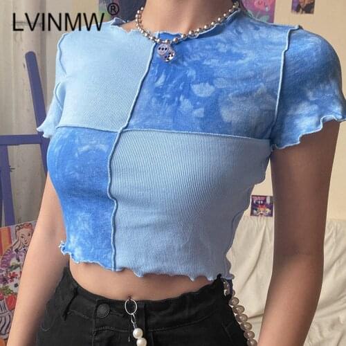 LVINMW Sexy Tie Dye Round Neck Short Sleeve Ruffles Purple Crop Top 2020 Summer Women Patchwork Slim Basic tshirt Tops Street