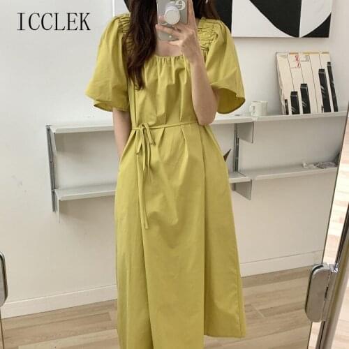 New Summer 2021 One-Piece Korean Lazy Casual Pleated Square Collar Flying Sleeves Open Back Loose Lace Waist Slimming Dresses