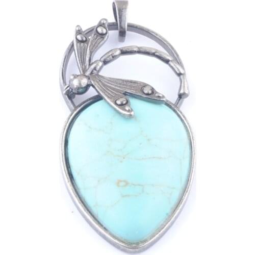 Wholesale 5Pcs/Lot Retro Natural Stone Turquoises Water Drop Pendant Dragonfly Bronze Ancient Silvers Jewelry QN4035