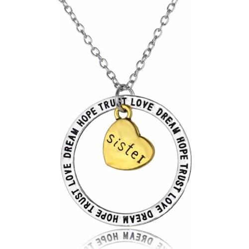 Sister Sis Heart Pendant Necklace Love Dream Hope Trust Charm Chain Necklaces Family Women BFF Friends Gifts Friendship Jewelry