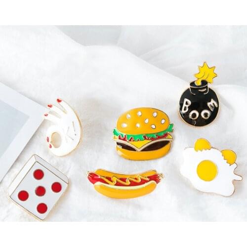 Food Lapel Pins Hamburgers Hot dog Poached egg Dice OK BOOM Brooches Denim Jeans Enamel Pin Buckle Shirt Badge Fashion Kids Gift