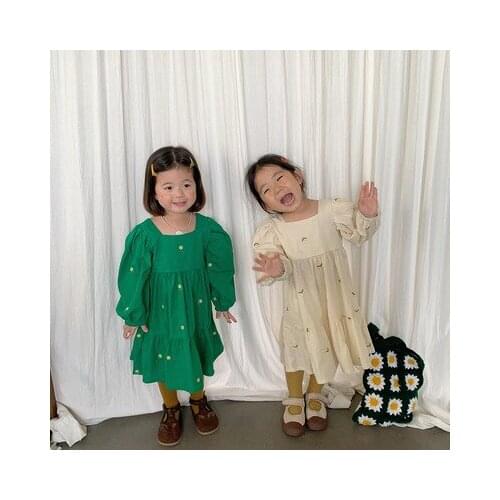 Girls Dress 2021 Korean Autumn New Baby Girl Flower Long-sleeved Princess Dress Little Girl Fresh Square Neck Cute Dresses 2-8Y