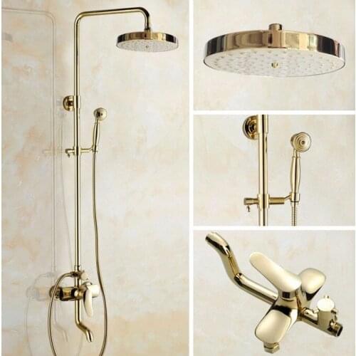 Luxury Gold Color Brass Wall Mounted Rain Bathroom Rainfall Shower Faucet Set with Hand Spray Shower Head Tub Mixer Tap 2gf305