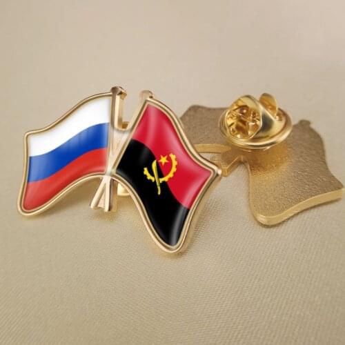 Russian Federation and Angola Crossed Double Friendship Flags Lapel Pins Brooch Badges