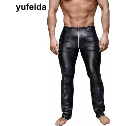 Faux Leather Sexy Men Pants Trousers Black Male Open Front Zipper Jeans Party Night Stage Dance Clubwear Latex Trousers WetLook