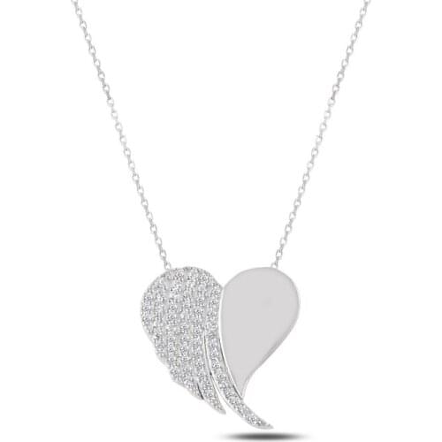 Silver 925 Sterling Heart & Wing Zircon Cubic Zirconia Necklace