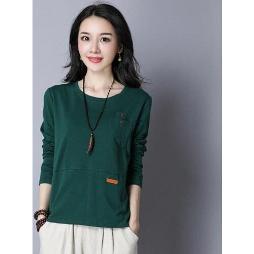 Womens Spring Autumn Style T-shirt Womens Button O-neck Solid Color Pockets Long Sleeve Temperament Korean Tops DD8334