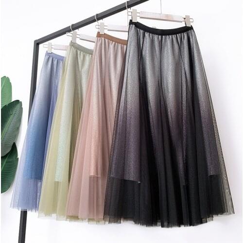 Black/Blue Long Tulle Skirt Women 2021 Spring Summer Shining Gradient Maxi Tutu Skirt Ladies Pleated School Midi Skirts Female