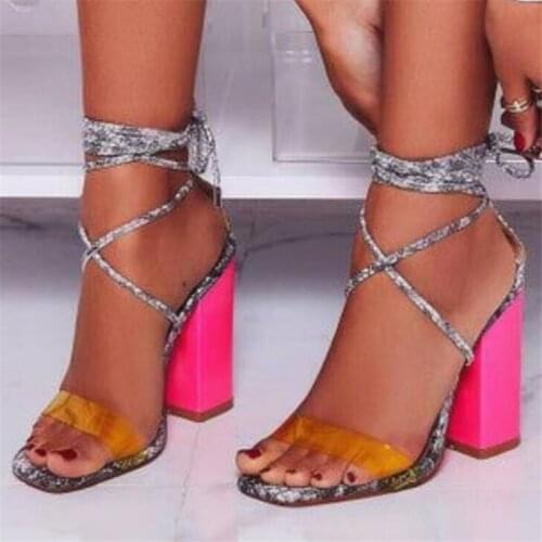 Women sandals pvc Lace Up 11CM Square heel High heels Round Toe Shallow Ankle Strap women shoes sandalias mujer 2020 size 35-42