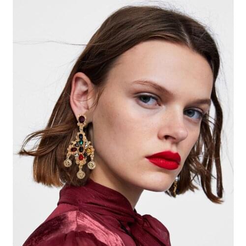Flatfoosie Luxury Crystal Coin Dangle Earrings For Women Gold Color Round Flower Ethnic Vintage Long Drop Earring Boho Jewelry