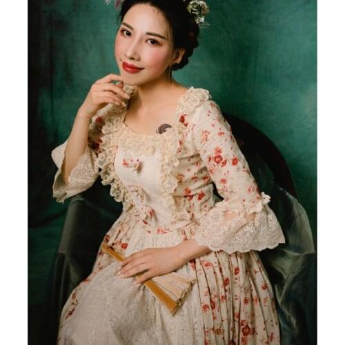 Spring Autumn Women Vintage Rococo Baroque Style Lace Cotton Patchwork Long Dress Ladies Retro Elegant Lolita Floral Dresses