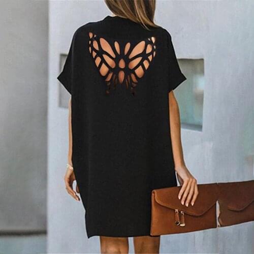 Woman Summer Casual Loose Hollow Out Dress Fashion V-neck Pure Color Dresses For Women 2021 Sexy Black Short Sleeve Robe Femme