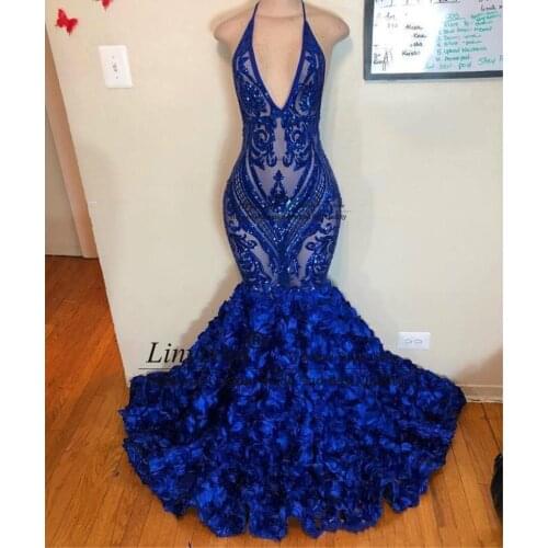 Royal Blue Mermaid Prom Dresses See Through Sparkly Sequins Deep V Neck Halter 3d flower African Cheap Formal Evening Party Gown