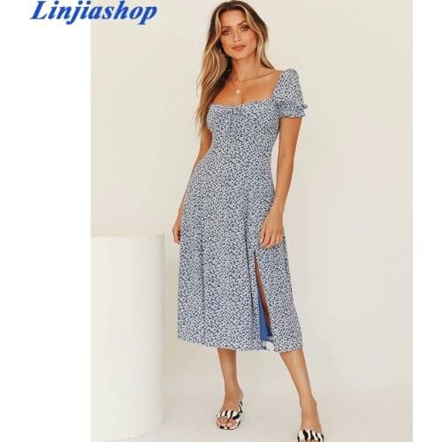 Vintage stylish floral print midi dress women spring summer reform chic rayon beach long split dress ladies vestidos