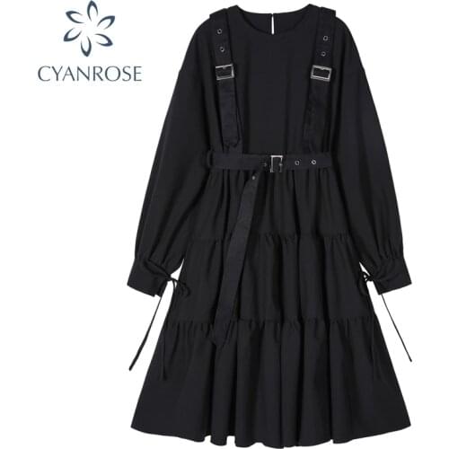 Autumn Vintage elegant women dress gothic style Long Sleeve cosplay Lace-up Waist harajuku goth punk edgy Long Black Dress