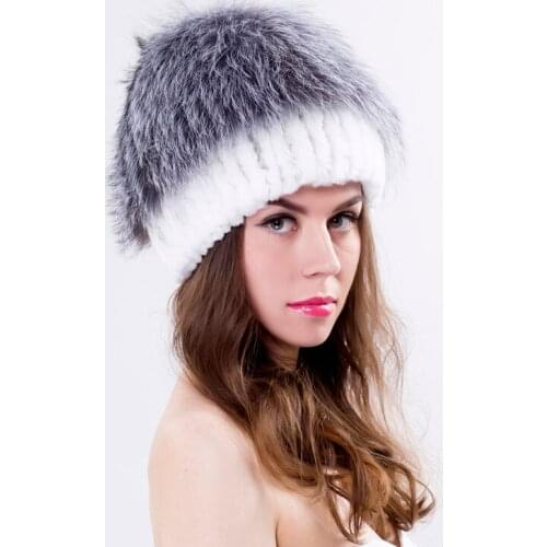 Winter women rex rabbit fur hat with whole fox fur top fashion knit fur hats elasitc good quality women beanies