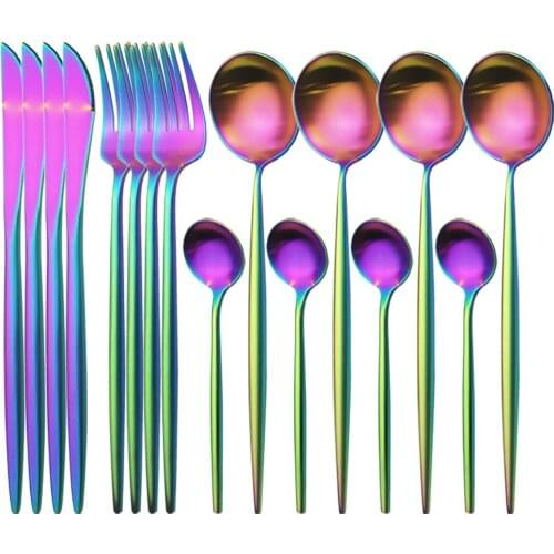 16Pcs/Set Colorful Cutlery Set Knife Fork Spoon Tableware Set 304 Stainless Steel Dinnerware Set Western Kitchen Silverware Set