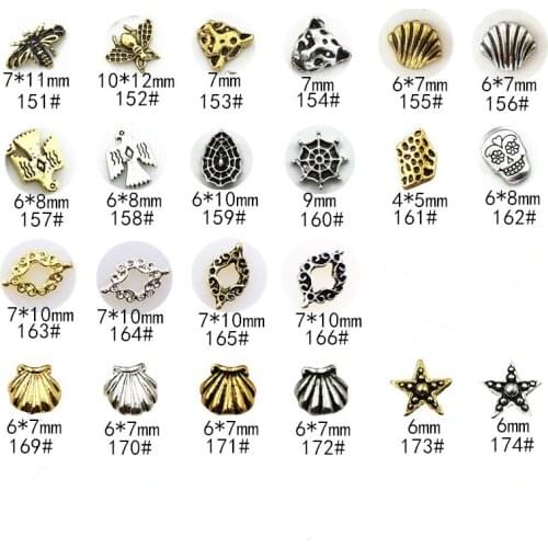 50pcs/Pack Vintage Series 6 Alloy Nail Art Charms Decals Bee Tiger Shell Cross Cobweb Lips DIY Metal Accessories Sticker Tools