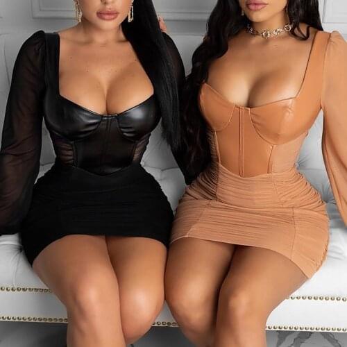 Women PU Leather Dresses Long Sleeve Elegant High Elasticity Clothing Deep V Neck Gothic Mini Dress Outdoor Wear Plus Size