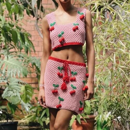 Jastie New Summer Womens Tops Cherry Pattern Embroidery Hollow Out Sleeveless Tanks Sexy Chic Knitted Sweater Camis 2021