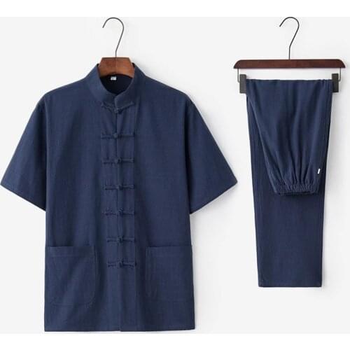 Chinese Traditional Clothing Set Man Summer Linen Buckle Kung Fu Shirt Oriental Retro Top Pants Tai Chi Breathable Uniforms