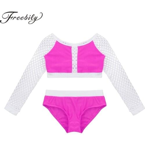 Kids Teens Two-piece Dance Costume Set Girls Long Fishnet Sleeve Crop Top with Briefs Dance Wear Stage Gymnastics Ballet Leotard