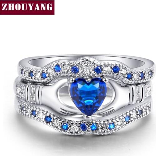 Princesses Crown Heart-cut Blue Cubic Zircaonia Silver Color Engagement Ring Set Fashion Jewelry ZYR615