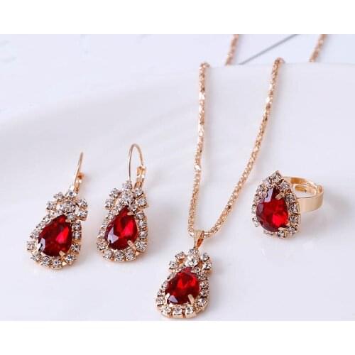 MISANANRYNE Fashion Elegant Waterdrop Shiny Rhinestones Necklace Ring Earrings for Women Wedding Party Jewelry Set