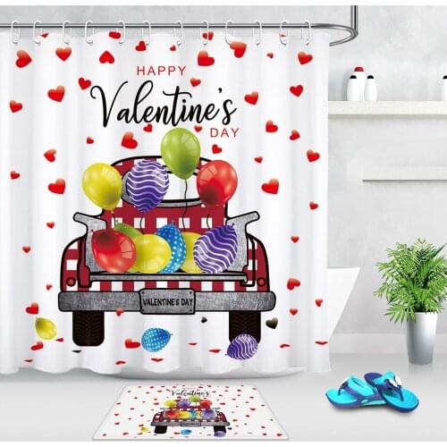 Red Retro Pickup Truck Heart Striped Balloon Shower Curtains Valentines Day Bathroom Decoration Waterproof Fabric Bath Curtain