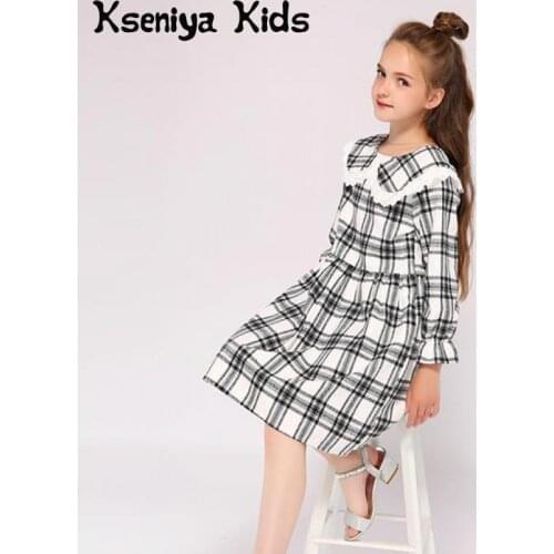 Kseniya Kids High Street Stylish Girls Long Sleeve Dress Cotton Thicken Spring Autumn Plaid Lace Dress