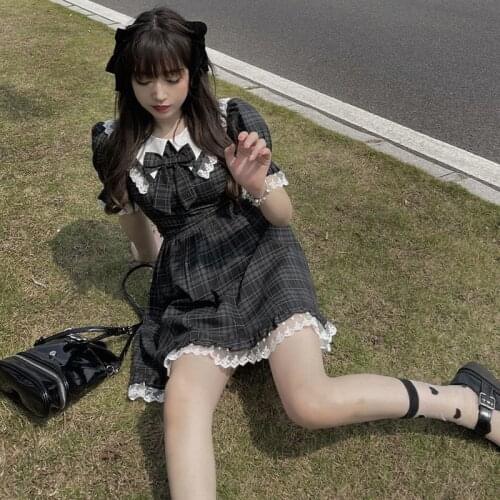 Summer Japanese Soft Girl Cute Doll Collar Bow Slim Waist Plaid Dress Lace Princess Kawaii Lolita Dresses Gothic Harajuku Diablo