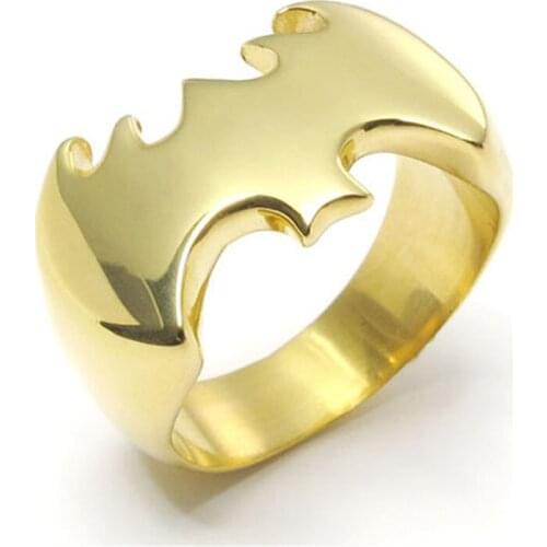 Fashion Gold Mens Rings Jewelry Bat Batman Superhero Stainless Steel Finger Ring Size 7 to 14
