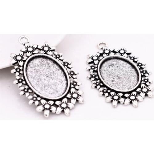 New Fashion 4pcs 18x25mm Inner Size Antique Silver Plated Flower Style Cabochon Base Cameo Setting Charms Pendant-A4-36