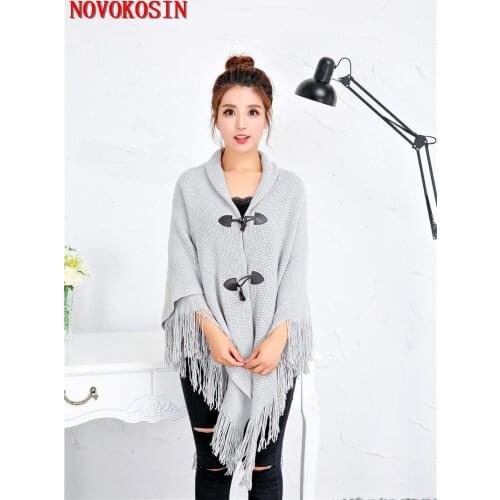 9 Colors 2021 Horn Buckle Autumn Knitted Triangle Loose Poncho Women Cardigan Female Vintage Tassel Long Sweater Two Layer Shawl