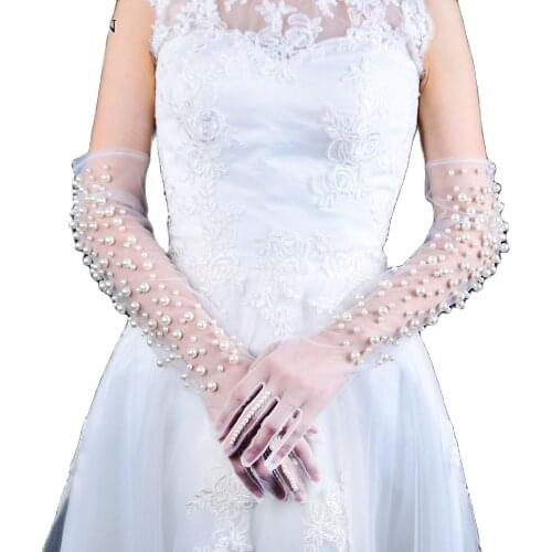 TOPQUEEN M02 Elegant Bride Gloves Pearl Ladies Gloves Finger Dinner Prom Stage Lady White Lace Pearl Bridal Gloves Wedding Gift