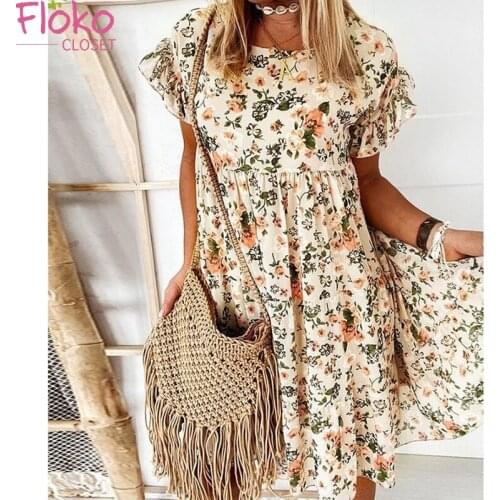 Flokocloset O-Neck Floral Print dress Loose Bohemian Sundress Vintage Cotton Linen Party Short Dress Women Short Sleeve Vestidos