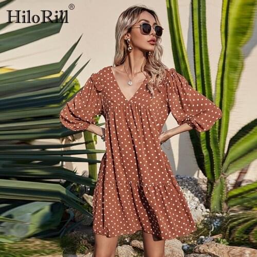 HiloRill Women Casual Polka Dot Dress V Neck Pleated Mini Dress Lady Lantern Half Sleeve Chiffon Beach Dress Summer Robe Femme