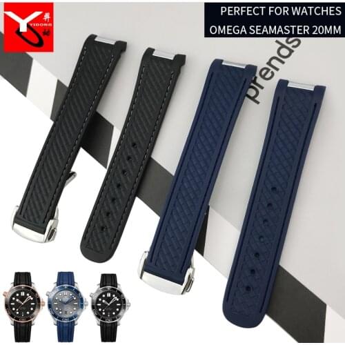 20cm Premium Silicone Watch Strap Fashion Style Folding Buckle Black Blue Watchband Special for Omega Seamaster 300 AT150 Watch
