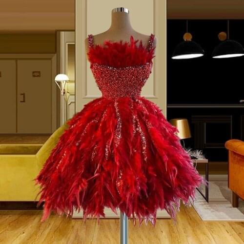 Luxury Pearls Beaded Feather Red Evening Dresses Spaghetti Straps Short Prom Dress Graduation Party Gowns vestidos de fiesta