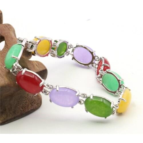 Bohemia Natural Stone Rainbow Agates Jades Chalcedony Ellipse Beaded Bracelet Bangle Gift of Yoga Chain for Women 7.5inch Y1096