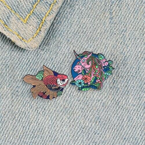 XEDZ Flower Fish Metal Enamel Pin Retro Unicorn Badge Brooch Backpack Clothes Fashion Animal Jewelry Gift For Women Kids Men