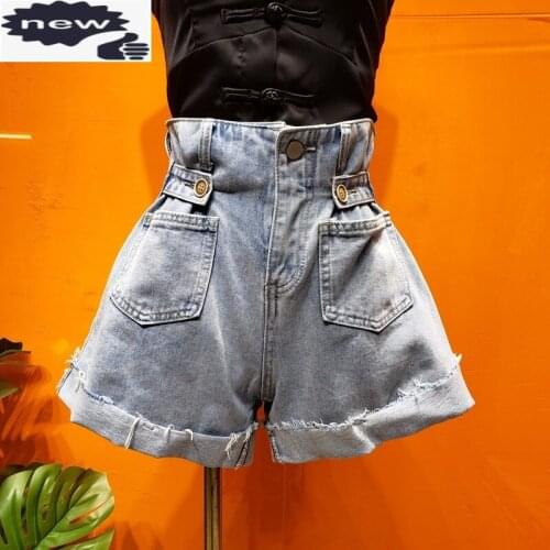 Female Casual Sweet High Waist Jeans Slim Fit Push Up Sexy Streetwear Summer Hotpants Women Pocket Cargo Wide Leg Denim Shorts