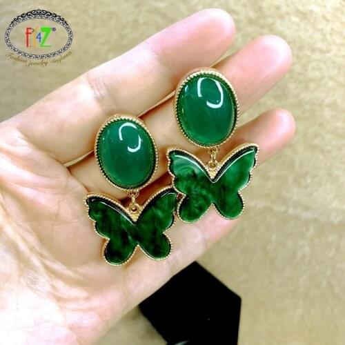 F.J4Z 2021 Designer Earrings for Women Elegant Green Resin Butterfly Drop Earring Lady Evening Life Jewelry Gifts Dropship