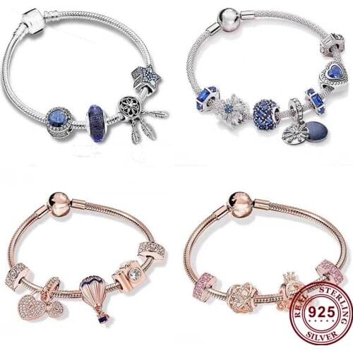 100% 925 Sterling Silver Fashion Catch The Shadow Blue Snowflake Beaded Pan Bracelet For Women Wedding Party Fashion Jewelry