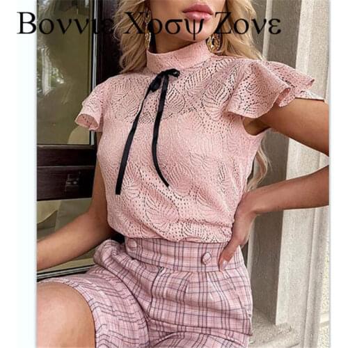 Mock Neck Short Sleeve Ruffle Hem Bowknot Decor Casual Top Summer Shirt For Women 2021