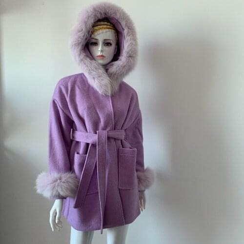 Winter fashion thick warm wool blends coat pearl beading cashmere coat female real fox fur collar hooded wool outerwear F2350