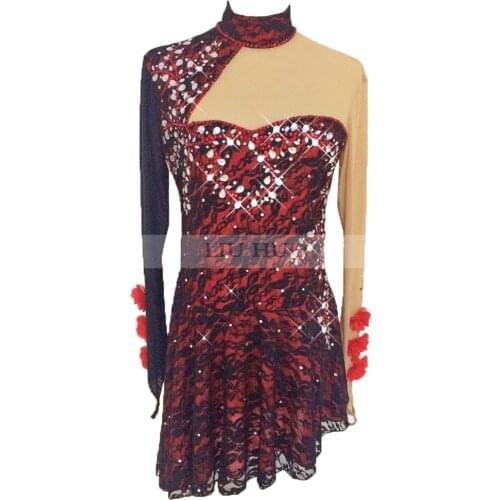 High-end customization Figure Skating Dress Womens Girls' Ice Skating Dress Red and black lace Red flowers handmade diamonds
