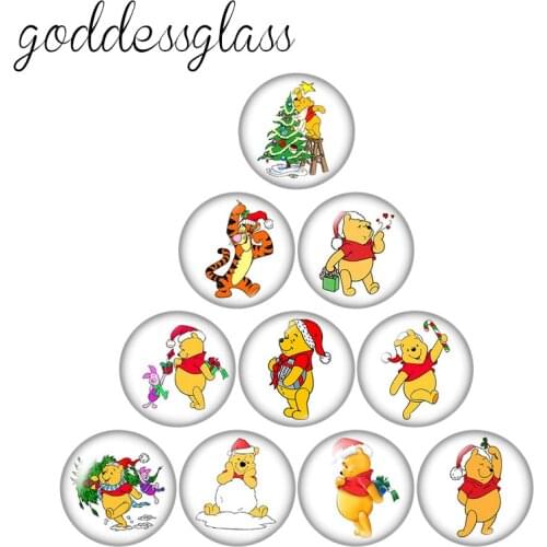 Disney Merry Christmas Cute Pooh Winnie 10pcs 12mm/18mm/20mm/25mm Round photo glass cabochon flat back Necklace Making findings
